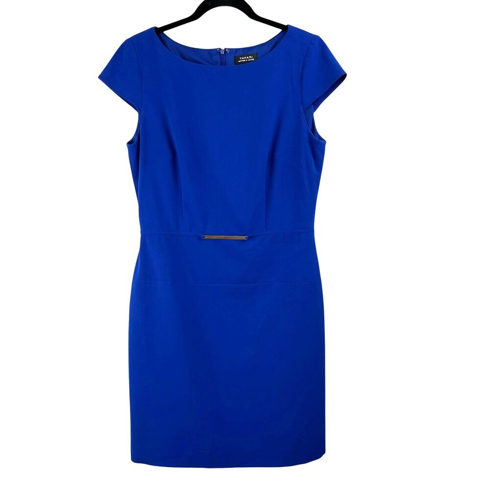 Tahari Arthur S Levine Royal Blue Sheath Dress Gold Bar Accent Cap Sleeve 10